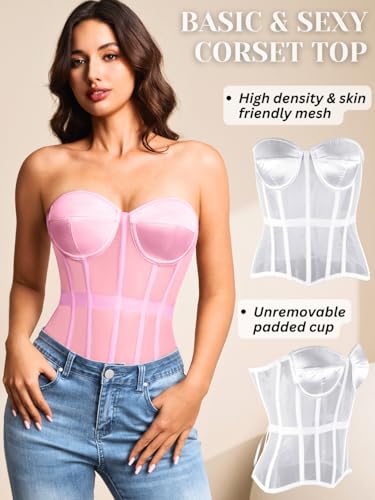 Image of Kaei&Shi Sheer Mesh Overbust Corset,Sexy Strapless Lace Up Satin Bra Corsets Top For Women Shapewear