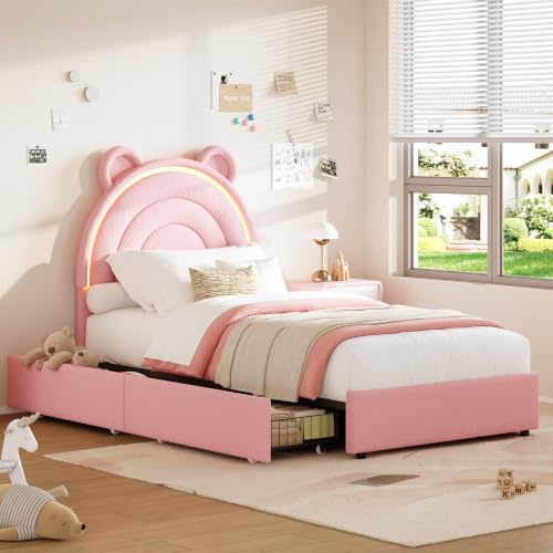 Garvee_SC Garvee LED Twin Bed Frame for Kids with 2 Storage Drawers, Pink