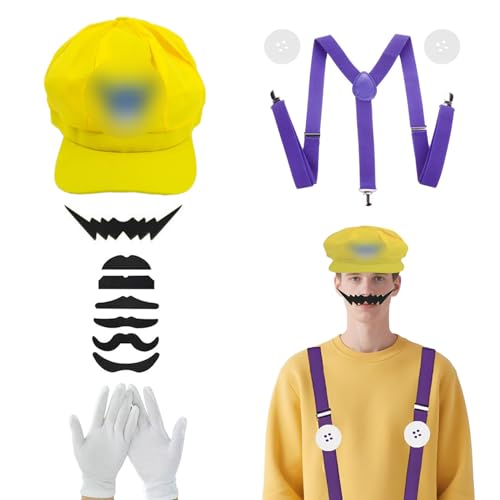 Snyvpra Wario Kostüm Erwachsene - 6-teiliges Karnevalskostüm mit Hut Hosenträger Handschuhen Knöpfen und Schnurrbart für Halloween Fasching Mottoparty und Cosplay-Events