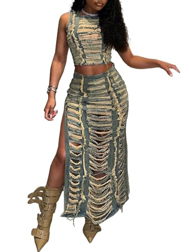 KANSOON Skirt Sets Women 2 Piece Outfits Denim Ripped Distressed Sleeveless Crop Tank Tops and Split Maxi Skirt Set