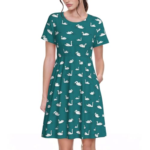Robe d'été avec imprimé cygnes mignons et coupe ample manches courtes