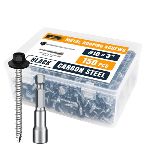 Image of ALBO 150 Pcs #10 x 3 Black Ruspert-Coated Metal Roof Screws, EPDM Washers | High-Low Threads Help Prevent Loosening, Leak-Resistant Seal, Sharp Point Helps Skip Pilot Holes, Hex Bit Included