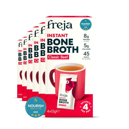 Freja Instant Beef Bone Broth | Beef | 100% Natural | Rich in Collagen Protein & Amino Acids | Dairy & Gluten Free 6 boxes (4 x 12g Sachets Per Box)