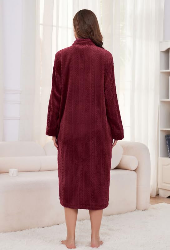 Image of LYCY Women Plush Zipper Robe, Long Fleece House Coat Nightgown with Pockets Solid Bathrobe