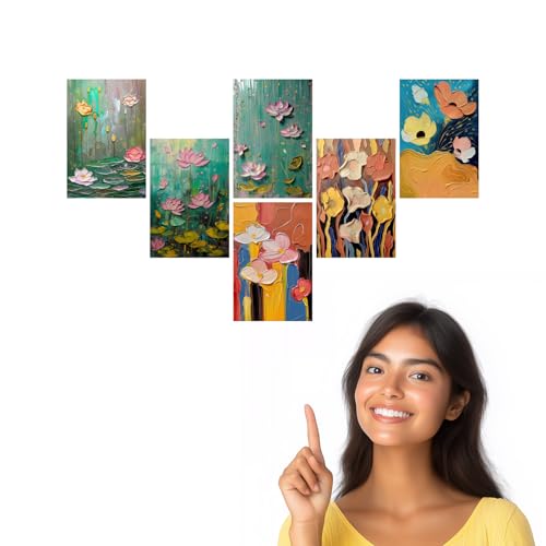 Image of Palette Knife Floral Art Prints Set - Teal Pink and Gold - Set of 2-4x6 Inch - Board (Pack of 6) - Sticker (Pack of 6) Wall Room Decoration art Poster Prints