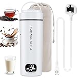 450ML Portable Travel Electric Kettle with 6 Temperature Controls, Dual Voltage Electric Bottle Kettle 304 Stainless Steel Mini Electric Kettle with Clean Brush for Coffee Tea Baby Milk