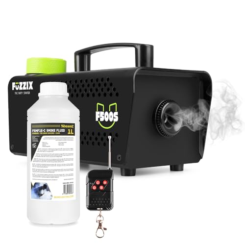 Fuzzix F500S Party Smoke Machine & Wireless Remote Control with BeamZ ECO Fog Fluid 1L - Compact 500W Fog Machine DJ Party Halloween Mist Effects