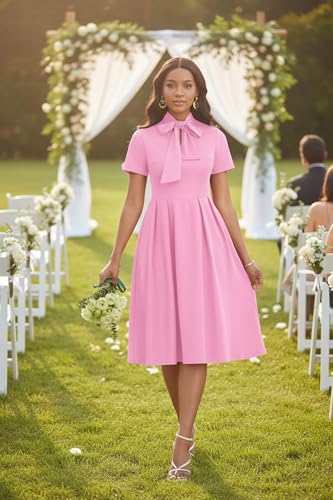 Image of FANDEE Midi Dress for Women Casual Short Sleeve A-line Semi Formal Fit and Flare Dress Classy Tie Neck Work Business Dresses