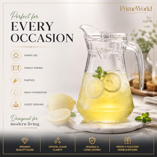 Image of PrimeWorld Premium 7 pcs Set of Water Jug and Glasses Set of 6 Pcs and Jug Set - Glasses 300ML, Jug 1.3 Liter, for Dining Table, Juice, Iced Tea, Milk, Cold Brew Coffee, Lemonade - Fridge Storage