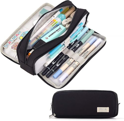 Image of Canvas Large Capacity Pencil Box for Girls & Boys, 3 Compartments Pen & Pencil Pouches, Aesthetic Stationery Pouch for School Kids College Students, Cute Stationary Gift for Children (Black)