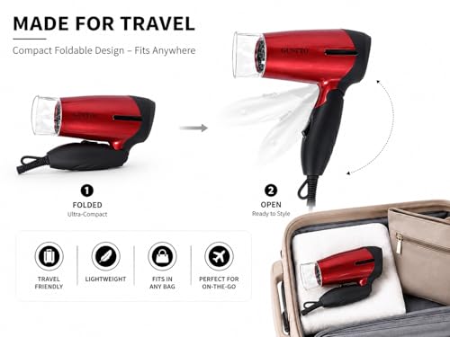 Image of GUSTTO Foldable Hair Dryer 1100W | Compact Travel-Friendly Hair Dryer with Foldable Handle, Hanging Ring, 2 Heat & Speed Settings, Lightweight & Portable (Wine Red), BIS Certified