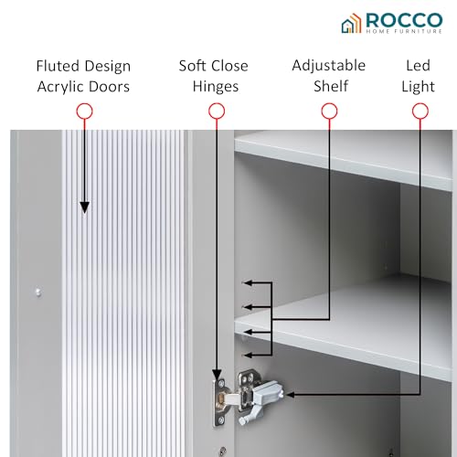 Image of Rocco Walky Kitchen Island Storage Cabinet with Wheels, Solid Rubber Wood Top, Fluted Acrylic Doors, Built-in Power Sockets & LED Lights, Soft-Close Hinges & Side Organizer (Grey, Large & Extendable)