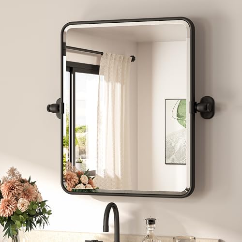 TETOTE Pivot Mirror for Bathroom 16 x 20 Matte Black Tilt Beveled Rectangle Metal Framed Pivoting Bathroom Vanity Mirror Modern Farmhouse Adjustable Tilting Wall Mirror Horizontal/Vertical