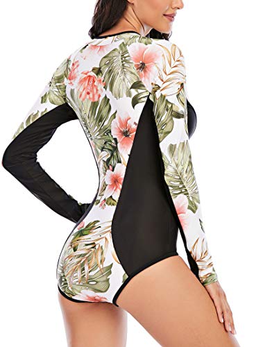 Swimall Women Long Sleeve Bathing Suit One Piece Rash Guard Swimsuit Zipper Front Swimwear Upf 50+(Pink Flower1, Large(8-10)) #TOP4