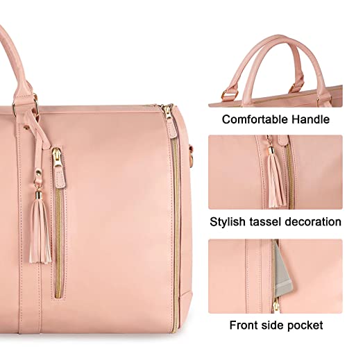 Carry On Garment Bag, Large Hanging Duffle Bag for Women, PU Leather Duffle Bag Waterproof Garment Bags for Travel with Shoe Pouch - 2 in 1 Hanging Suitcase Suit Travel Bags, Gift for Women, Pink
