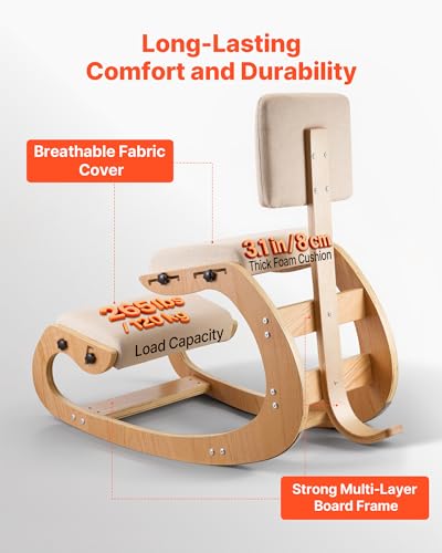 Image of VEVOR Ergonomic Kneeling Chair, Wooden Posture Knee Chair with Adjustable Thick Foam Cushions, Backrest and Wood Frame, Adjustable Height, Relief for Neck or Back Pain for Home, Office or Meditation