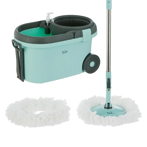 Amazon Brand – Presto! Clean Plastic Spin Mop | Durable Plastic Build with 2 Microfiber Refills | Big Wheels & Drag Handle | 360° Spin Mop with Telescopic Handle | Green