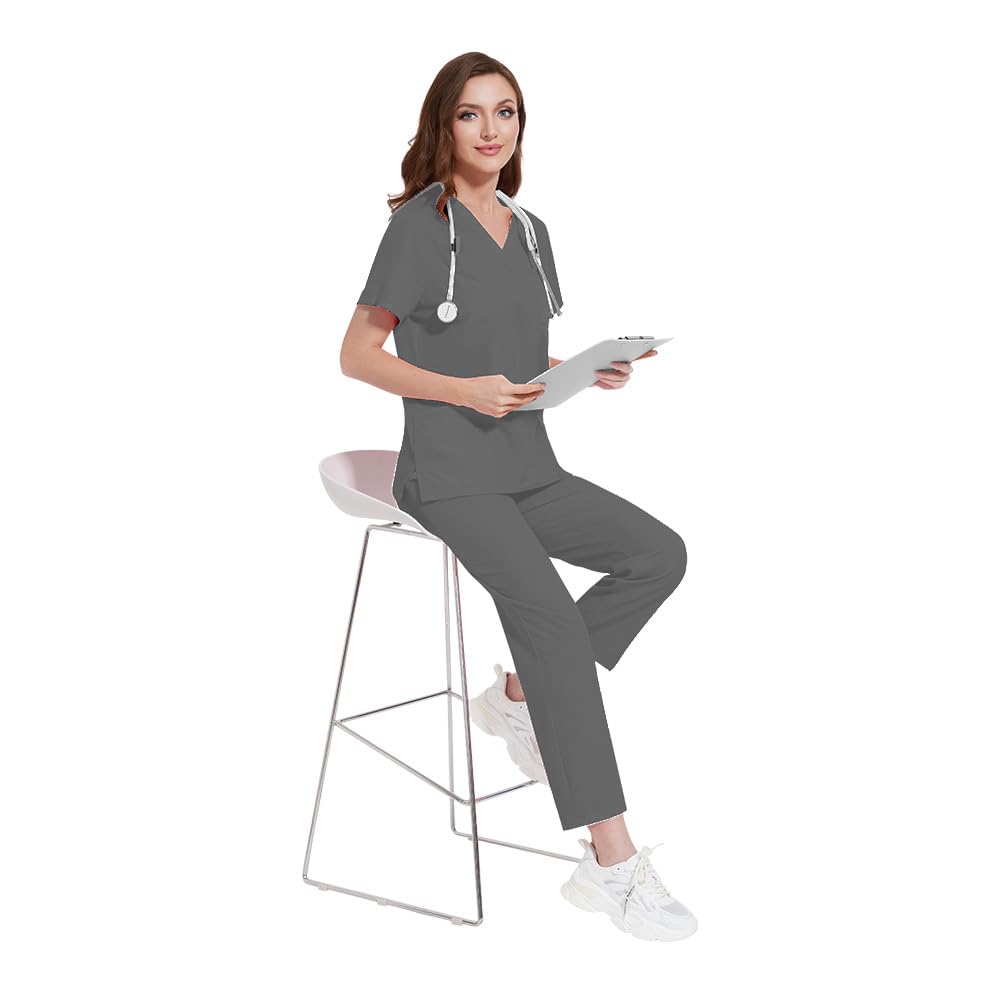 Scrubs DK77 Ensemble d'uniforme médical pour femme avec col en V, manches courtes, pantalon à jambe droite, 8 poches, cordon de serrage extensible, évacuation de l'humidité