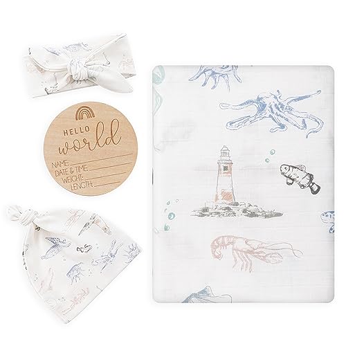 Image of BabyWhale Muslin Swaddle Blanket with Hat and Headband Bow, Marine Animals Pattern Swaddle Set for Baby Boys ＆ Girls, Unisex Newborn Soft Receiving Swaddle Wrap, 47x47 inches