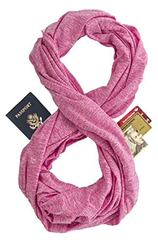 Zero Grid Infinity Travel Scarf Loop with Hidden Zipper Pockets for Passport Phone Cash Cards - Converts to Blanket Wrap or Shawl - Rose Pink