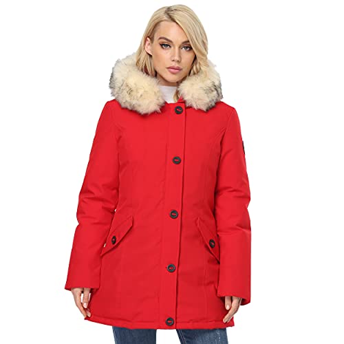 Molemsx Mid Length Winter Coats For Women, Heavy-Weight Long-Sleeve Full-Zip Puffer Coat With Fur Trim Removable Hood Womens Vegan Down Long Parka Winter Jacket For Snowboarding Hiking Skiing(Red,M) #TOP10