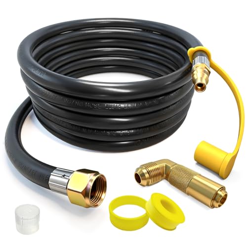 12ft RV Quick Connect Propane Hose for RV to Grill Low Pressure LP Gas Hose w/Elbow Adapter 1/4 Quick Plug x 3/8 Female Flare for Blackstone 17/22 Griddle/Weber Grill/Camp Chef Stove/Fire Pit etc.