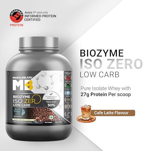 Image of MuscleBlaze Biozyme Iso-Zero, Low Carb Whey Protein Isolate Powder, Blue Tokai Cafe Latte (2kg / 4.4lbs) | 27g Isolate Whey Per Scoop | USA Patent-Published Enhanced Absorption Formula (EAF)