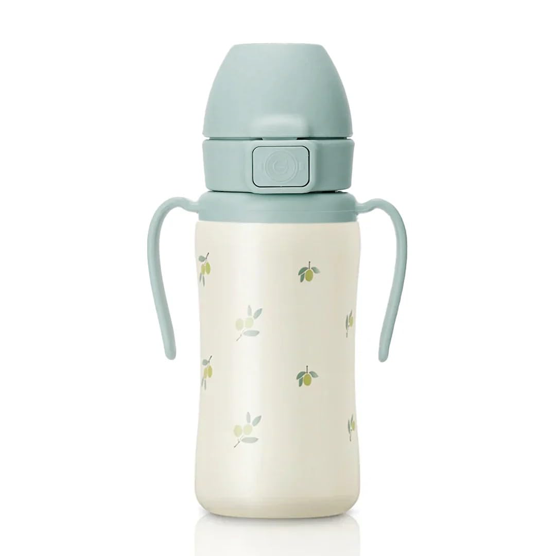 GROSMIMI Insulated 316 Stainless Steel Spill Proof Straw Cup, Water bottle with Flip Top for Toddlers, BPA Free (olive, 10oz)