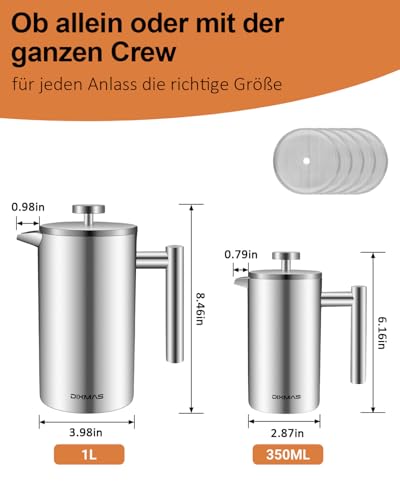 Dixmas French Press 1000 ml / 8 Tassen, Kaffeebereiter aus Edelstahl, doppelwandig isoliert, Kaffeepresse mit Ersatzfilter - 1 Liter
