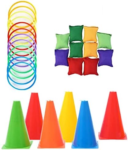 KAHEIGN 26Pcs Toss Game Set with Bean Bags Toss Ring Traffic Cone Markers for Outdoor Garden Carnival Game Party Supplies Agility Training Game [5 Colors]