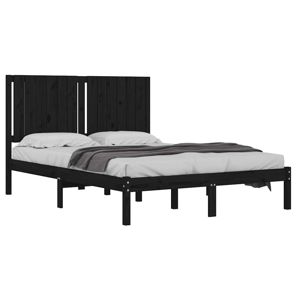 lite drewno sosnowe z zagłówkiem klasyczna 140x190 cm czarny | Rama łóżka sosnowa 140x190 cm czarna lite drewno klasyczny zagłówek stabilna