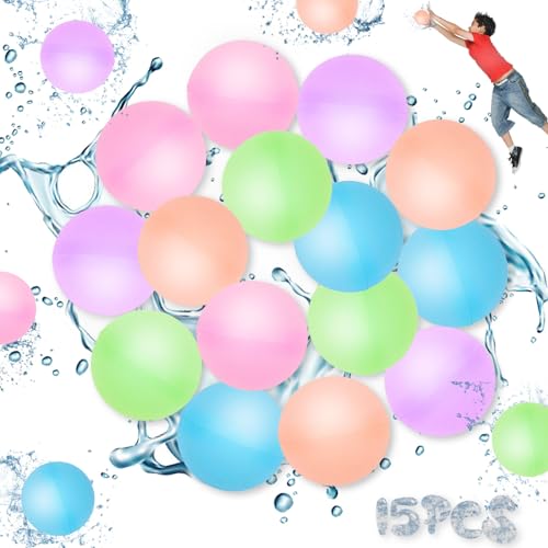 Daover 15PCS Water Balloons, Reusable Water Balloons for kids Quick Fill Refillable Water Balls for Pool Outdoor Water Toys Balloons for Water Fight Game Summer Fun Party