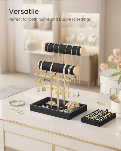 Image of SONGMICS Bracelet Holder Stand, Jewelry Display Stand, Jewelry Organizer, with 2 Tiers and Velvet Tray, Earring Organizer, Removable Ring Holder, Ink Black and Pale Gold UJJS046B101