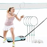 ENOVI EasyGo Pro Badminton Set, with Net, 4 Racket, 4 Shuttlecocks, Portable Storage Box - Upgraded 15ft Wide Net, Adjustable Height Poles, for Backyards, Outdoor Games, Yard Games