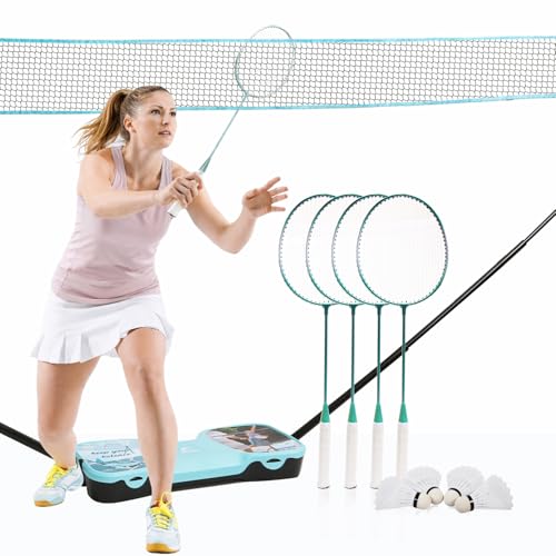ENOVI EasyGo Pro Badminton Set, with Net, 4 Racket, 4 Shuttlecocks, Portable Storage Box - Upgraded 15ft Wide Net, Adjustable Height Poles, for Backyards, Outdoor Games, Yard Games