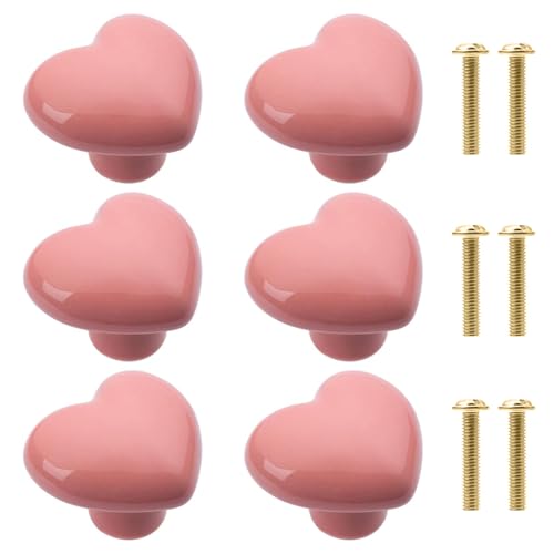 Naseom 6 Pezzi Pomelli per Mobili, Pomello in Ceramica Rosa a Forma di Cuore, Graziose Maniglie Decorative Fatte a Mano per Cameretta, Cassetti, Armadio, Guardaroba, Libreria, con Viti