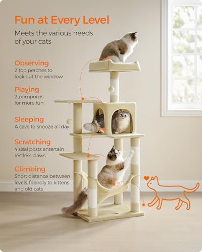 Image of Feandrea Cat Tree, 54.2-Inch Cat Tower, Plush Multi-Level Condo with 4 Scratching Posts, 2 Perches, Hammock, Cave, Beige UPCT161M01