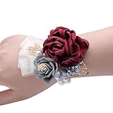 Wedding Bridal Wrist Corsage Graduation Party Wrist Corsage Bridesmaid Wrist Flower Corsage Flowers for Wedding (Wine Red)