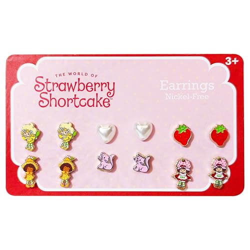 LUV HER The World of Strawberry Shortcake Hypoallergenic Earrings for Girls Ages 4+ - Safe Stud Styles - Jewelry Gift for Sensitive Ears & Cartoon Lovers, 6 Pairs