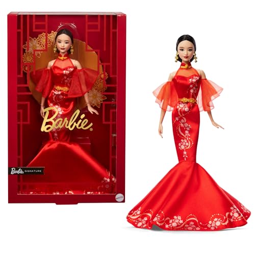 Mattel Lunar New Year Barbie-Puppe im Qipao-Kleid mit Pflaumenblüten-Aufdruck und goldenen Accessoires, Barbie Signature Kollektion, JBJ11