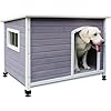 40″ Wooden Outdoor Dog Houses, Waterproof Dog House Outside with Window & Door Flap Waterproof Dog House Outdoor Indoor, Assemble Easily-Grey