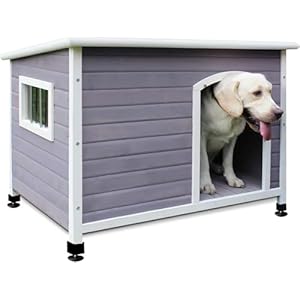 40″ Wooden Outdoor Dog Houses, Waterproof Dog House Outside with Window & Door Flap Waterproof Dog House Outdoor Indoor, Assemble Easily-Grey