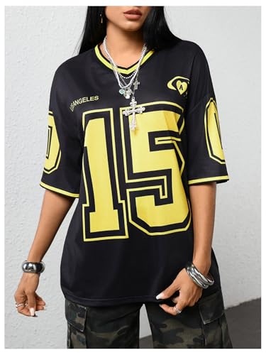 Image of SOLY HUX Jersey Shirts for Women Number Graphic Print V Neck Baggy Tees Hip Hop Streetwear