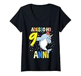 donna adesso ho 9 anni narvalo compleanno maglietta con collo a v