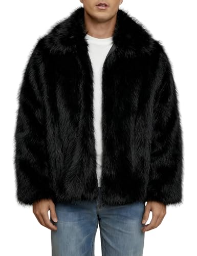 Gihuo Men's Faux Fur Coat Plush Warm Winter Furry Jacket, Fashionable Fake Fur Jacket for Men (Black, L)