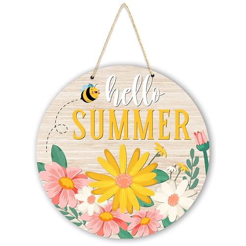 Kqfdr Summer Decorations for Home, Daisy Summer Wreaths for Front Door Wall Decor, 12 In Round Wooden Hanger for Pool Farmhouse Porch - A04