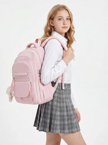 Image of PRLINJSK Girls Backpack for College High Middle School Student, Cute Aesthetic Bookbag for Teens Women with Accessories,Pink