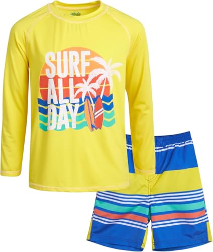 Image of Quad Seven Boys 2-Piece Rash Guard Swimsuit Set Short-Sleeve (Sizes 5-12) | Lightweight Quick-Dry Fabric with Sun Protection, Matching Top & Trunks, Adjustable Drawstring Waist for Pool or Beach Days