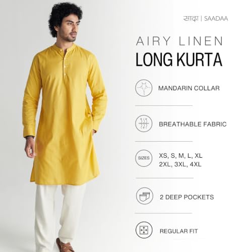 Image of SAADAA Men's Long Kurta - Linen Cotton Blend, Airy Fabric, Regular Fit, Mandarin Collar, Solid Color - Casual, Festive & Ethnic Wear