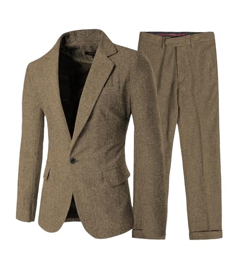 Men's Classic Fit Suit Set - One Button Herringbone Blazer & Pants for Business & Wedding